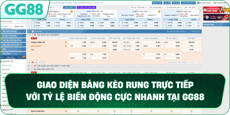 Giao diện bảng Kèo Rung trực tiếp với tỷ lệ biến động cực nhanh tại GG88.